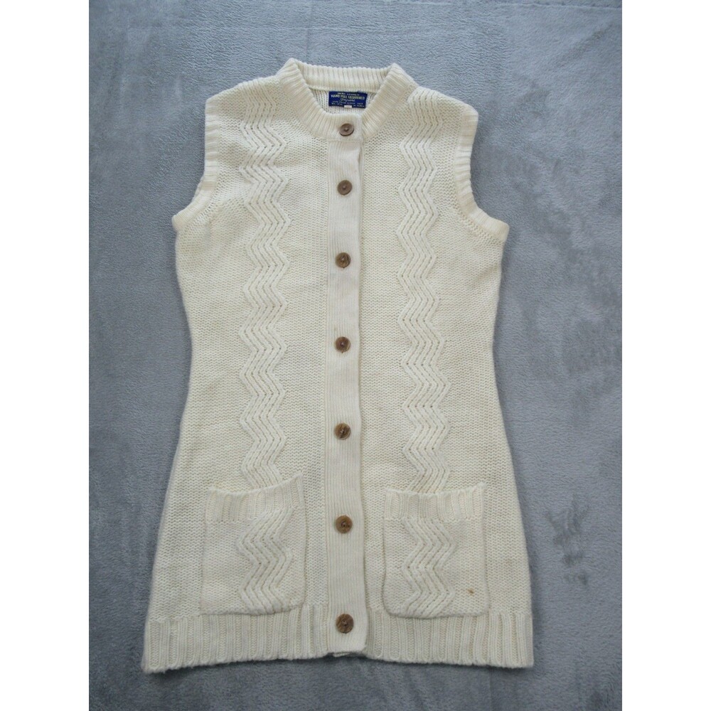 Vintage Hand Full Fashion Sweater Vest Woman's Small Ivory Pockets Buttons